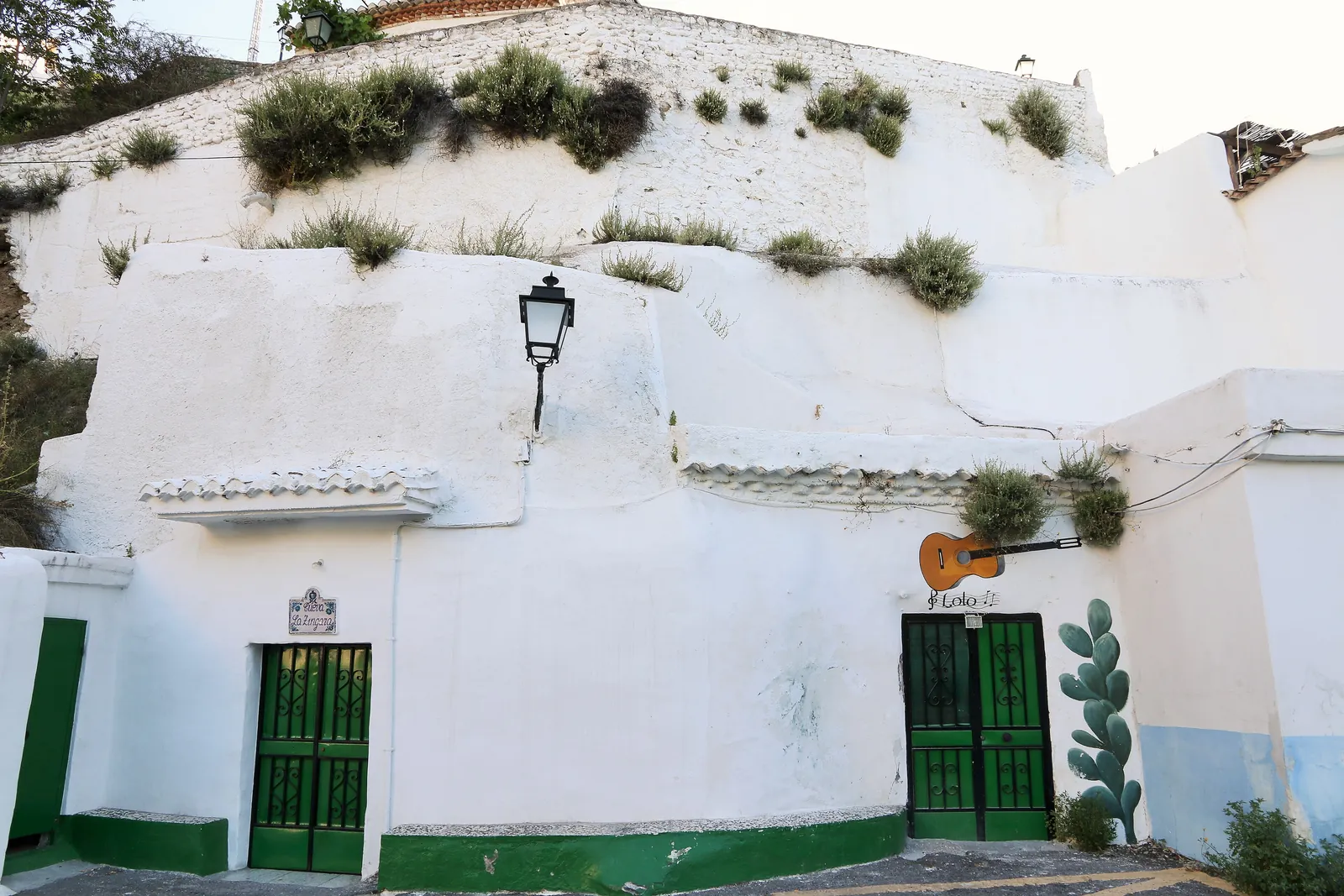 A whitewashed cave house in Sacromonte with two green doors, a lantern and a guitar fixed to the wall; a general photograph of the quarter, not the cave on this ticket